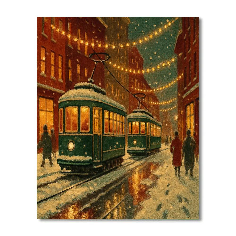 Winters Eve Street With Retro Trams Paint by numbers art