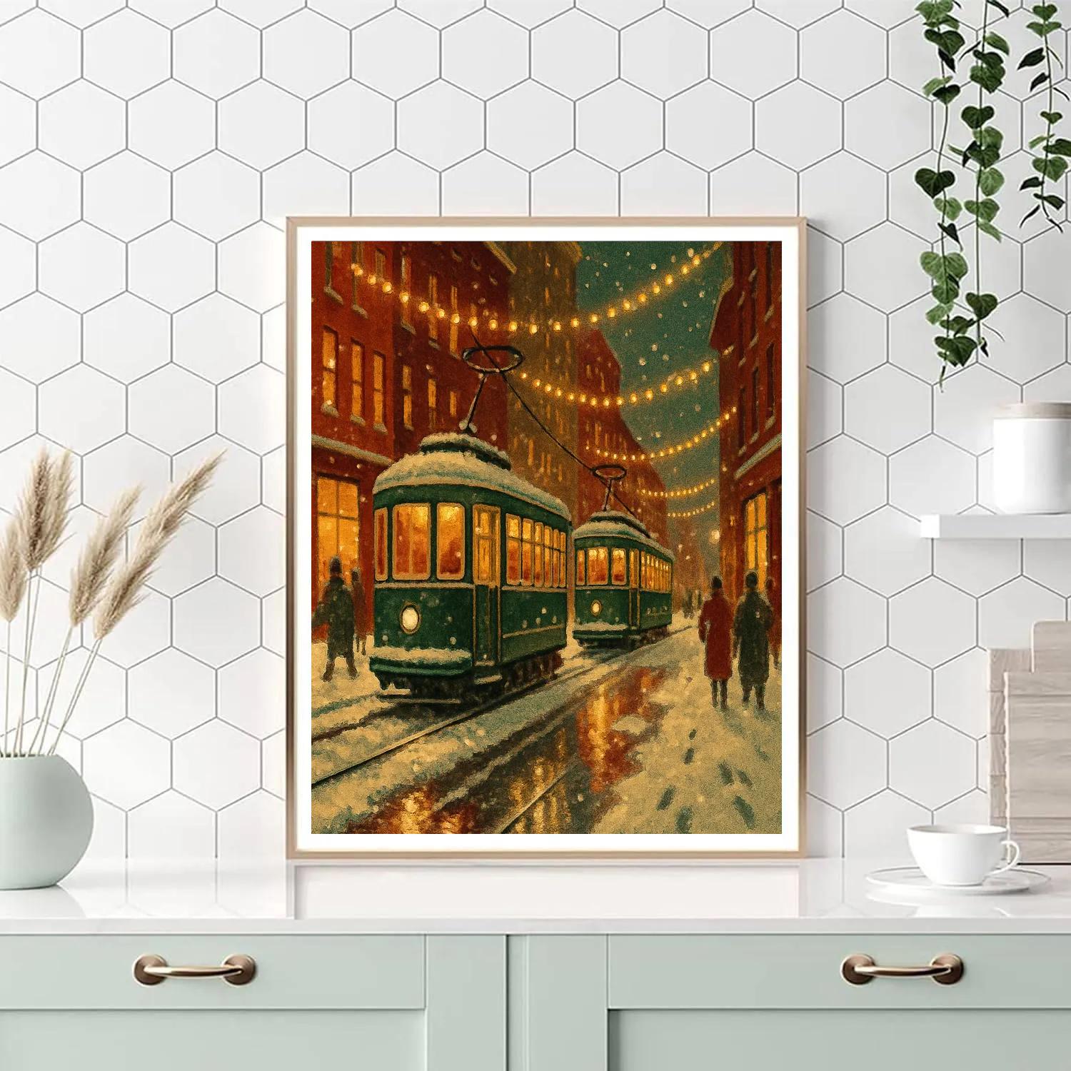 Winters Eve Street With Retro Trams Paint by numbers art