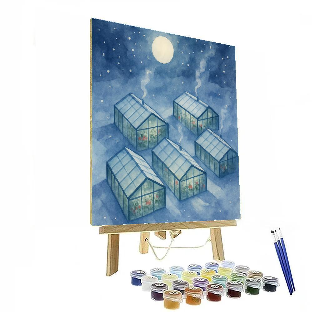 Christmas Moon Over Snowy Greenhouse Roofs paint by color