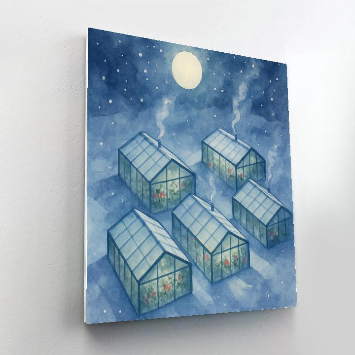 Christmas Moon Over Snowy Greenhouse Roofs paint by color