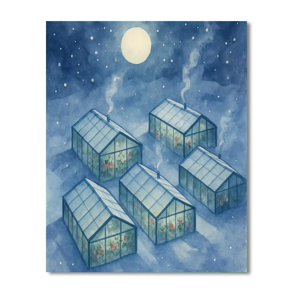 Christmas Moon Over Snowy Greenhouse Roofs paint by color
