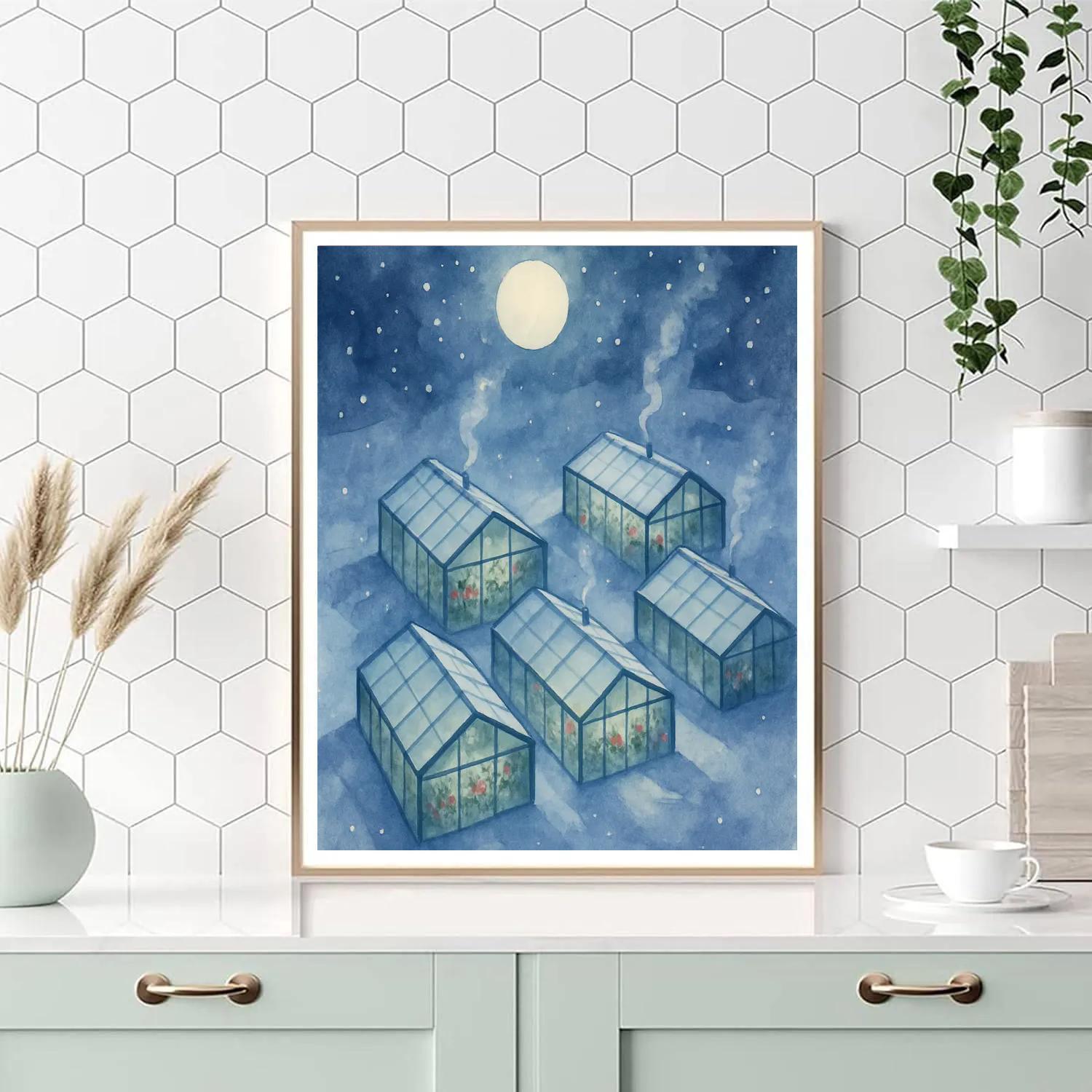 Christmas Moon Over Snowy Greenhouse Roofs paint by color