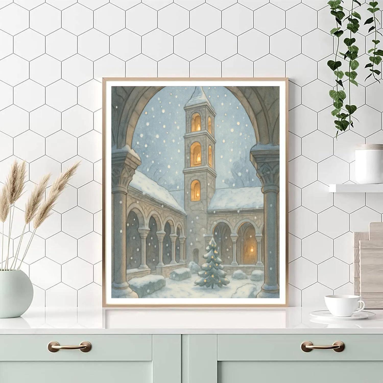 Christmas Bell Tower In Frosty Cloister Paint by numbers art