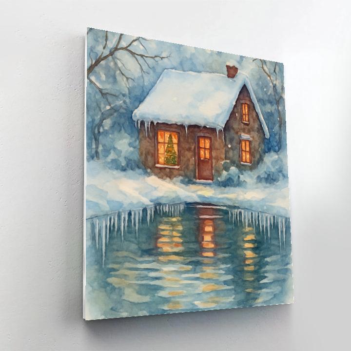 Christmas Cottage Reflected In Icicle Pond Numbered painting kits