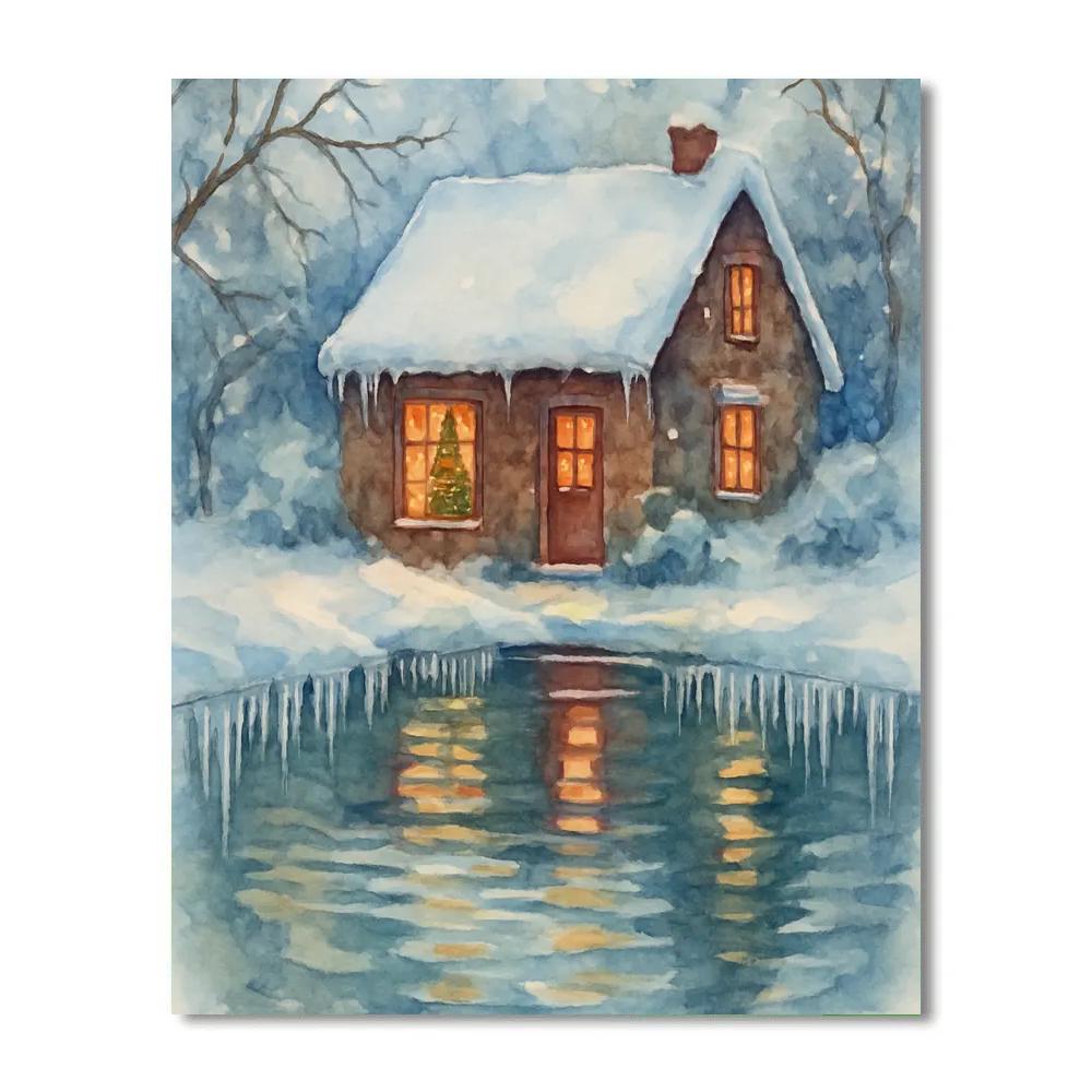 Christmas Cottage Reflected In Icicle Pond Numbered painting kits