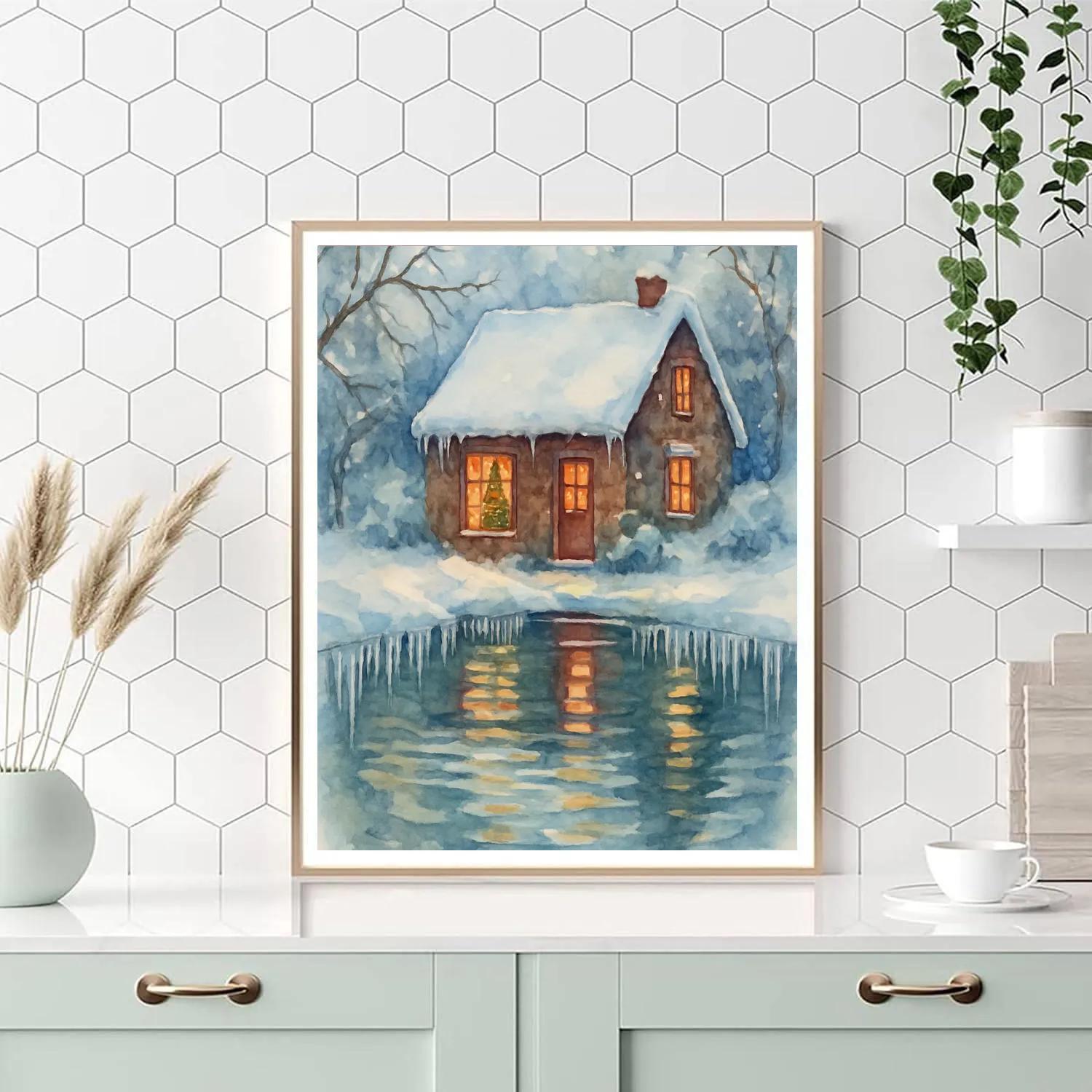Christmas Cottage Reflected In Icicle Pond Numbered painting kits