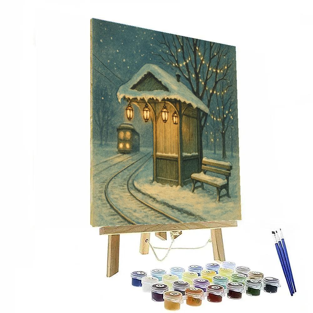 Christmas Tram Stop Under Snow Lanterns paint by color