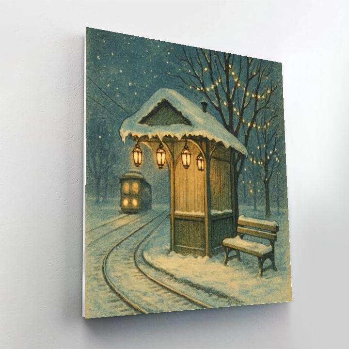 Christmas Tram Stop Under Snow Lanterns paint by color