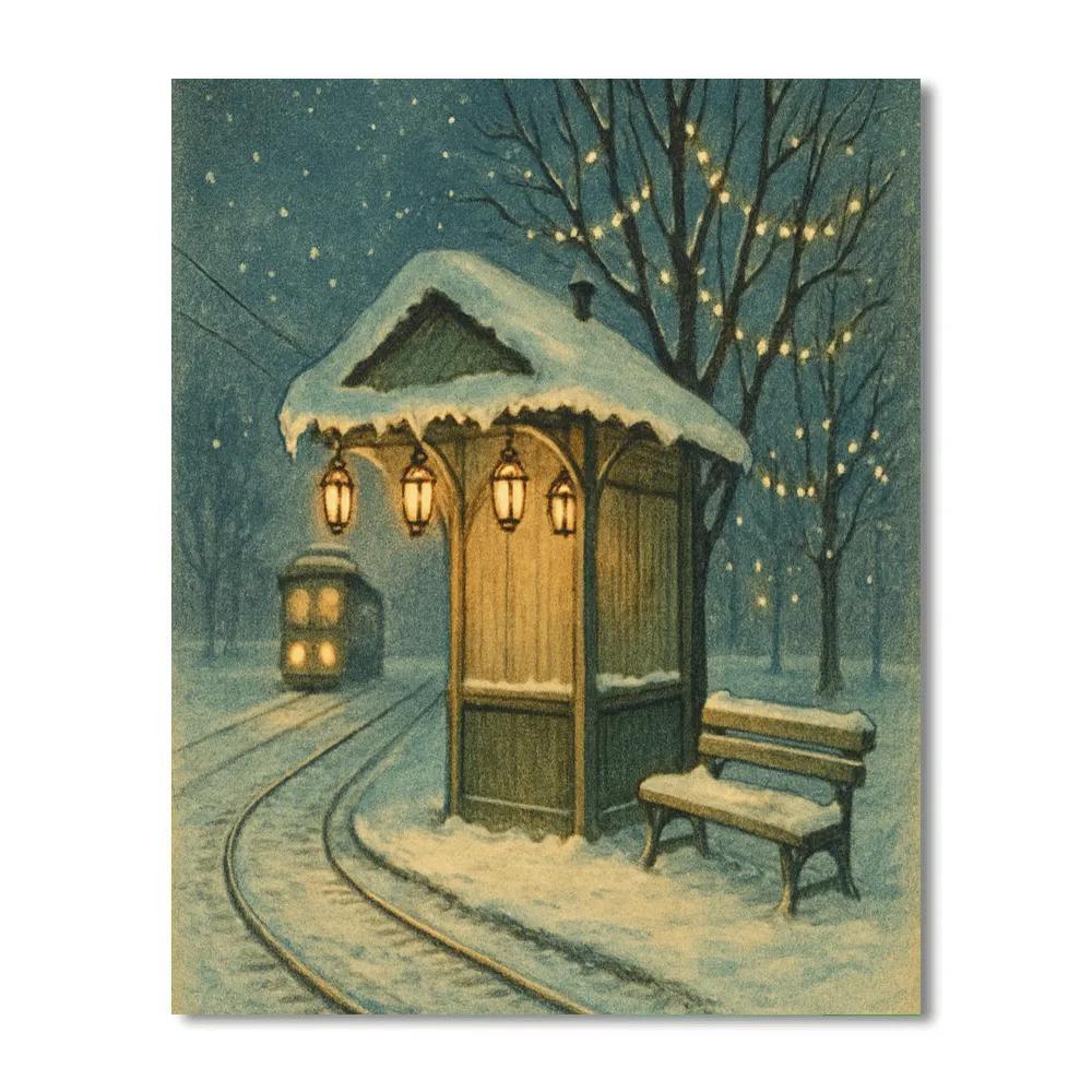 Christmas Tram Stop Under Snow Lanterns paint by color