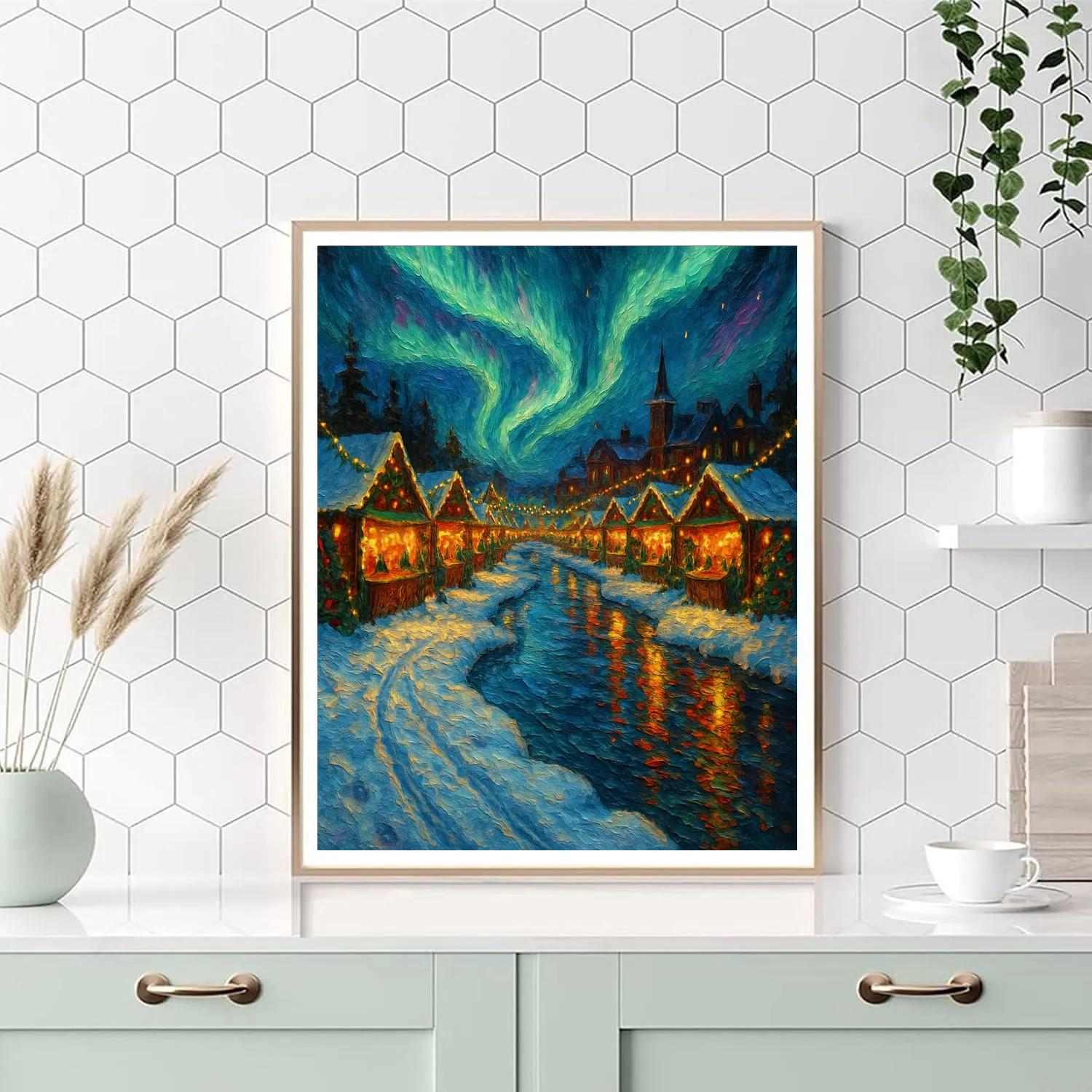 Christmas Aurora Over River Market paint by numbers