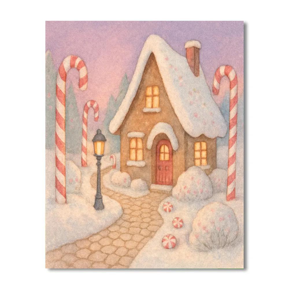 Snowy Cottage On Candy Cane Lane Paint by numbers kits