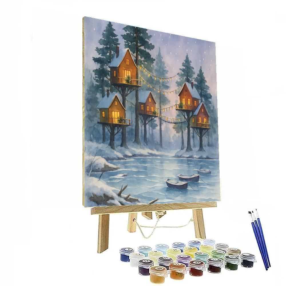 Holiday Treehouse Harbor Over Frozen Bay Numbered painting kits
