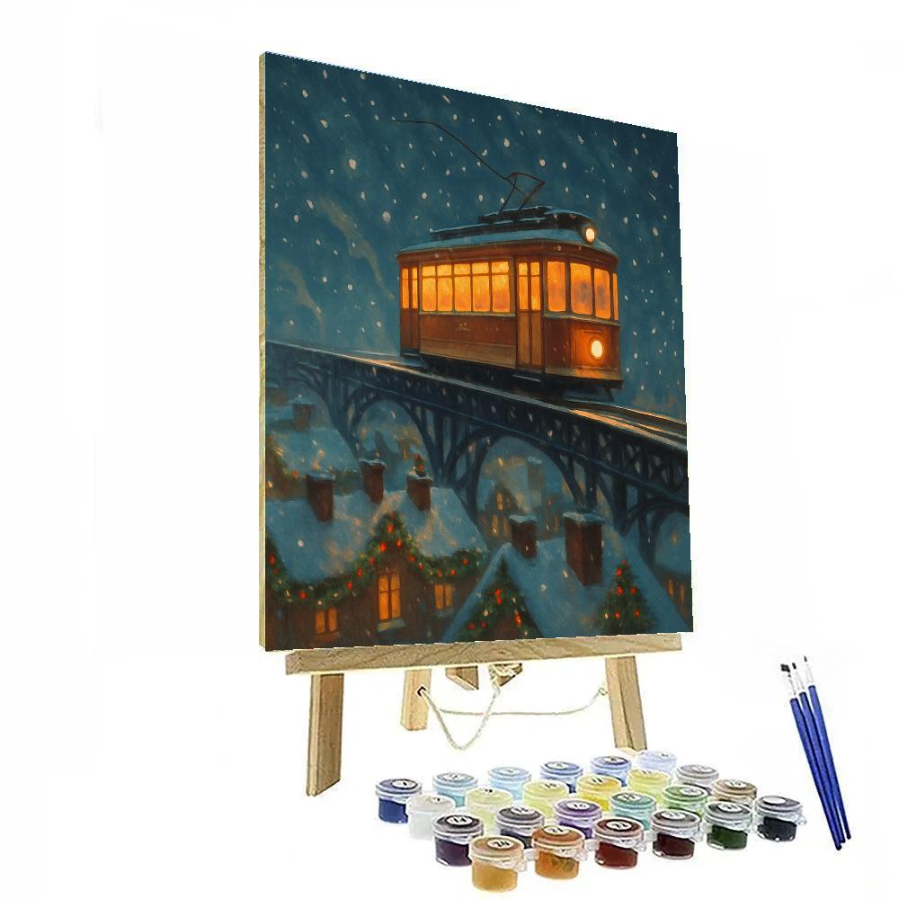 Snowbound Tram Over Rooftop Garlands Painting by numbers kit