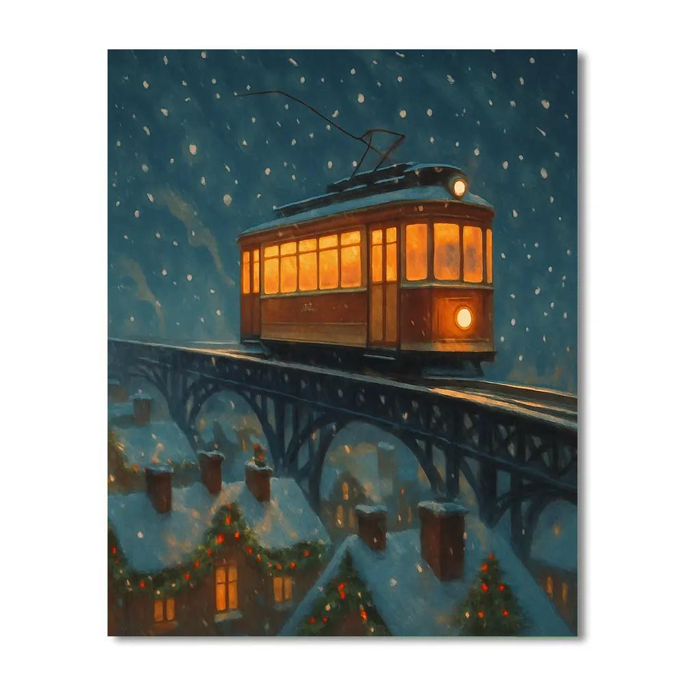 Snowbound Tram Over Rooftop Garlands Painting by numbers kit