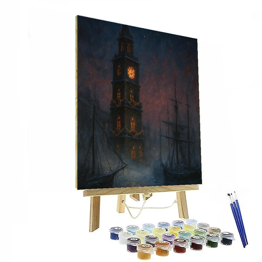 Christmas Clocktower Over Foggy Harbor DIY paint by numbers