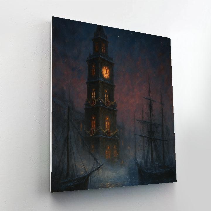 Christmas Clocktower Over Foggy Harbor DIY paint by numbers