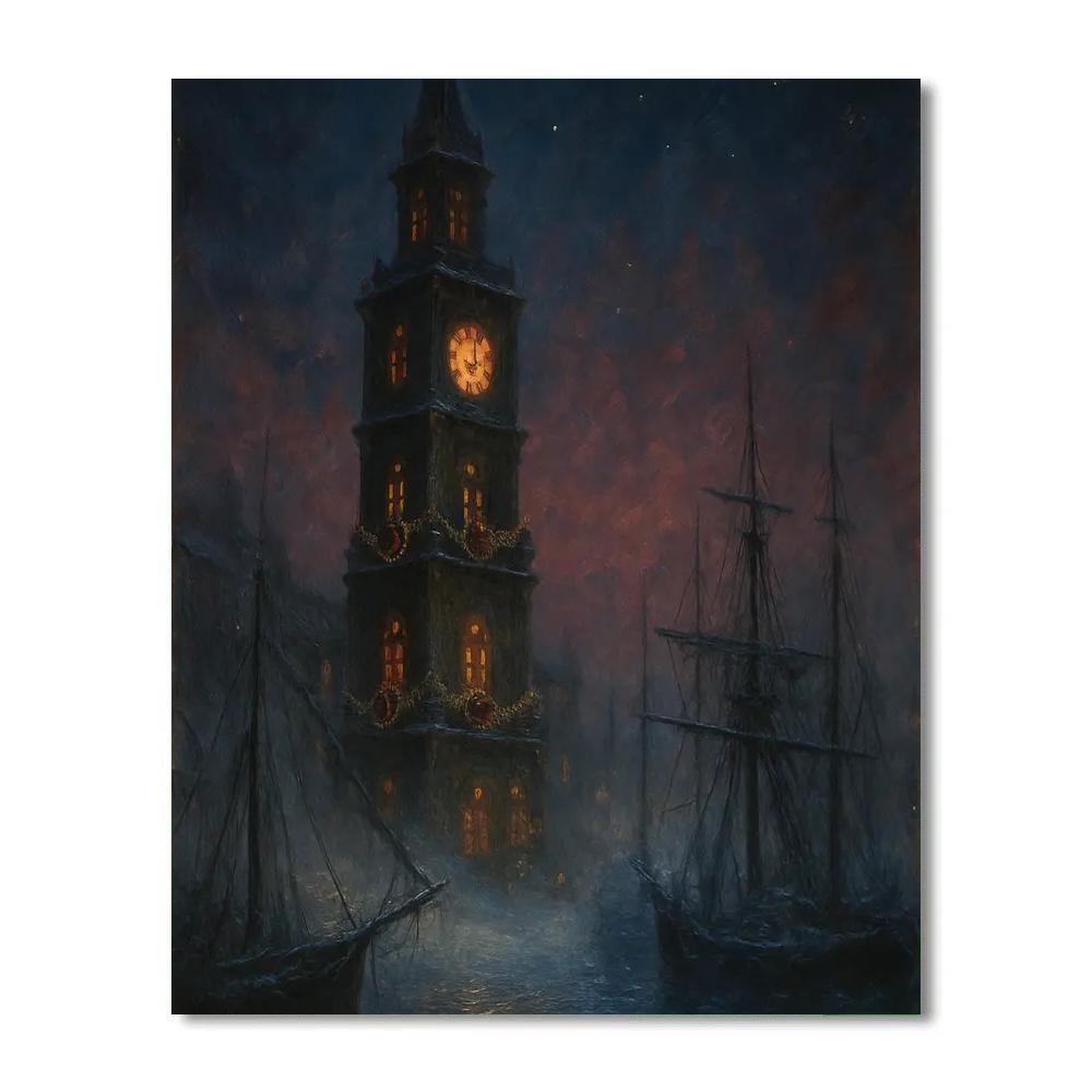 Christmas Clocktower Over Foggy Harbor DIY paint by numbers