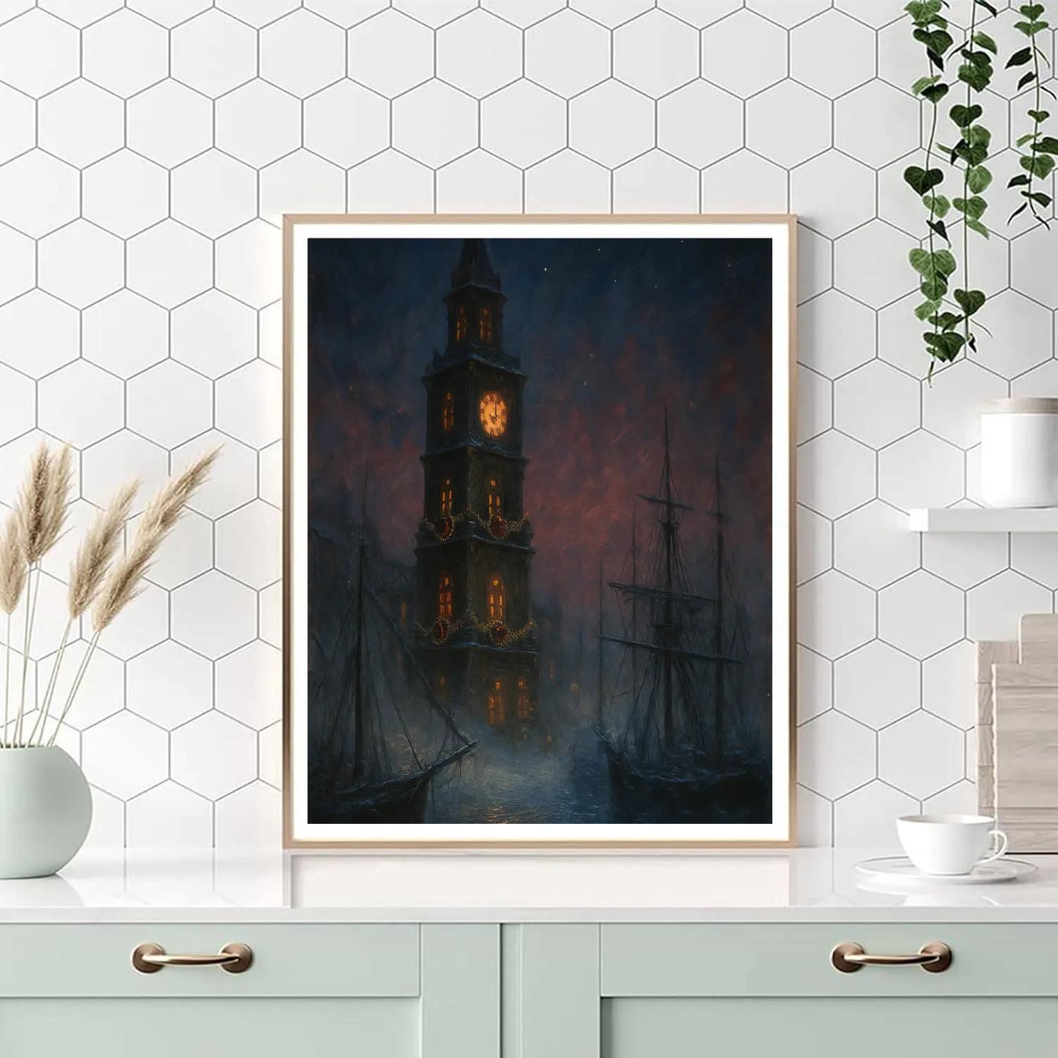 Christmas Clocktower Over Foggy Harbor DIY paint by numbers