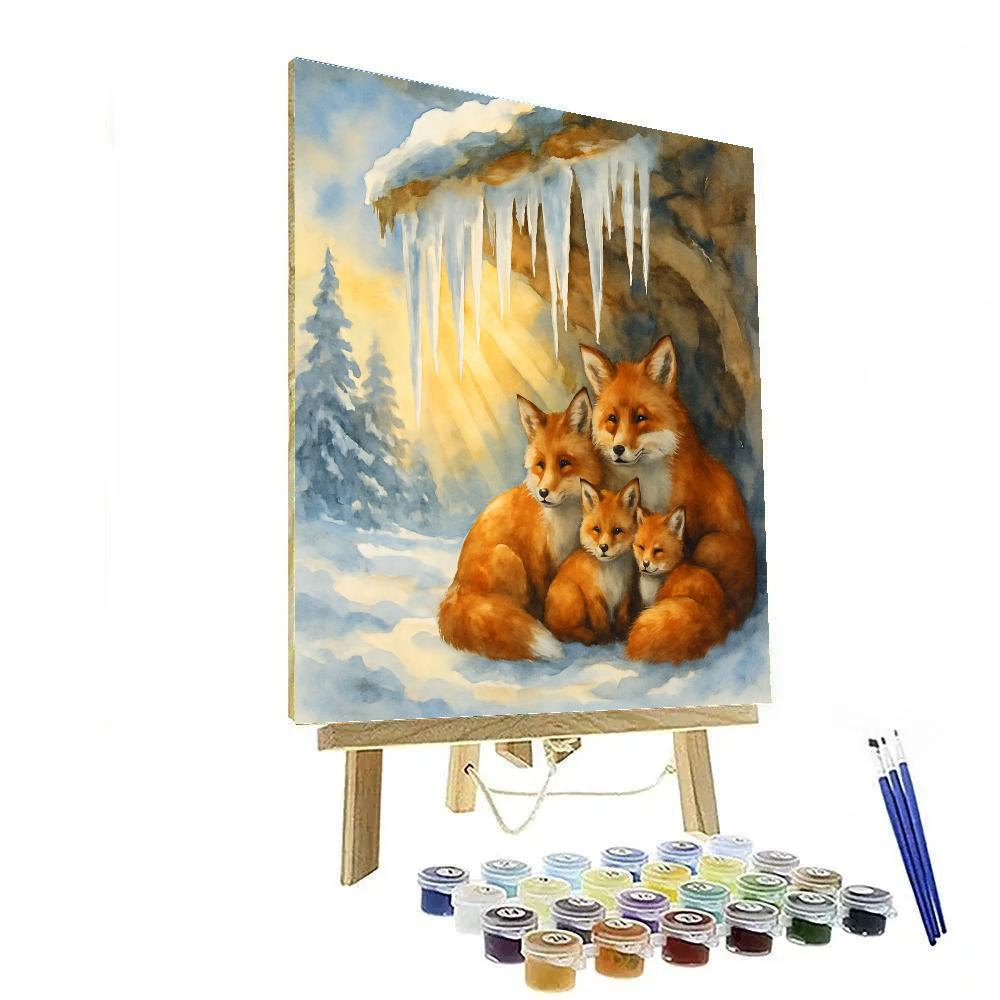 Christmas Fox Family Under Sunlit Icicles Paint by numbers art