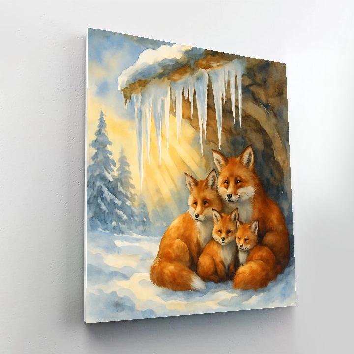 Christmas Fox Family Under Sunlit Icicles Paint by numbers art