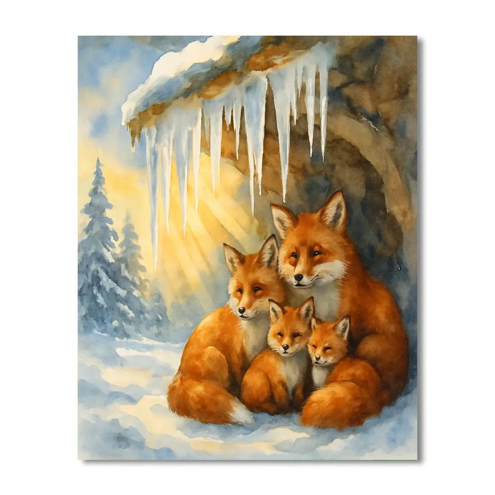 Christmas Fox Family Under Sunlit Icicles Paint by numbers art
