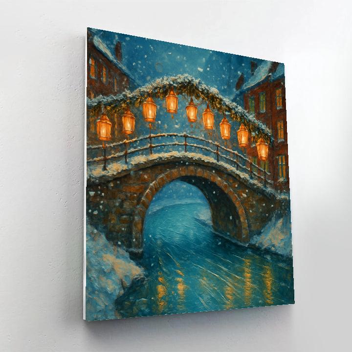 Holiday Lanterns Over Frozen Canal Bridge Paint by numbers art