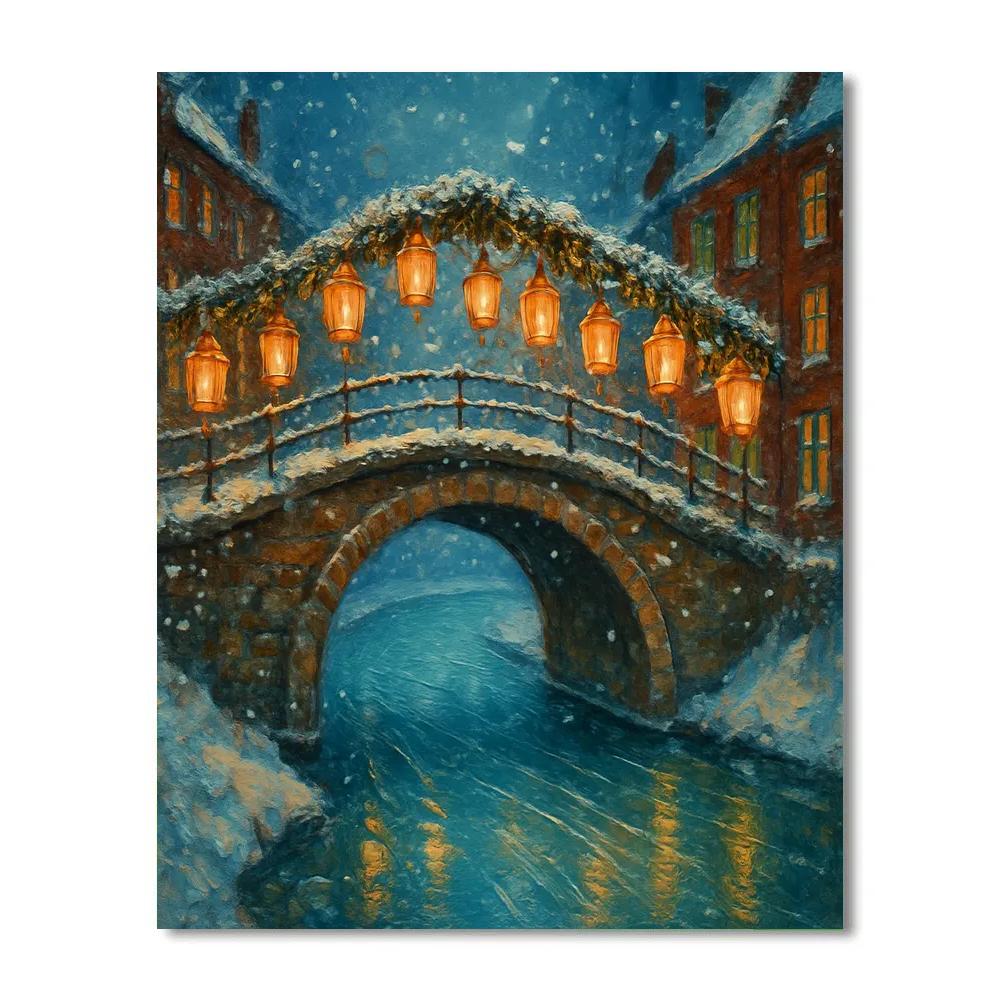 Holiday Lanterns Over Frozen Canal Bridge Paint by numbers art