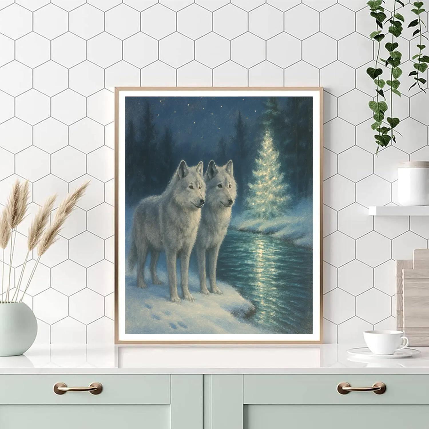 Christmas Wolves At Glittering Creek Paint by numbers art