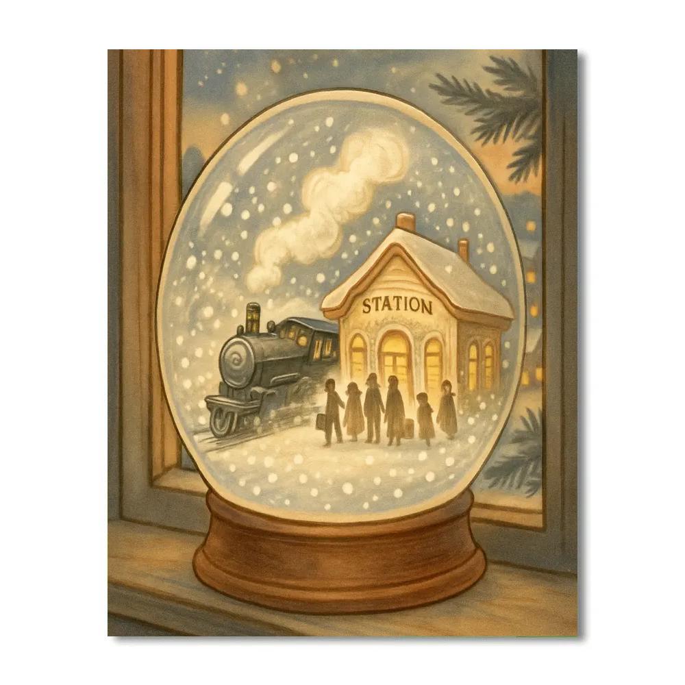Snowglobe Train Station At Twilight painting number kit