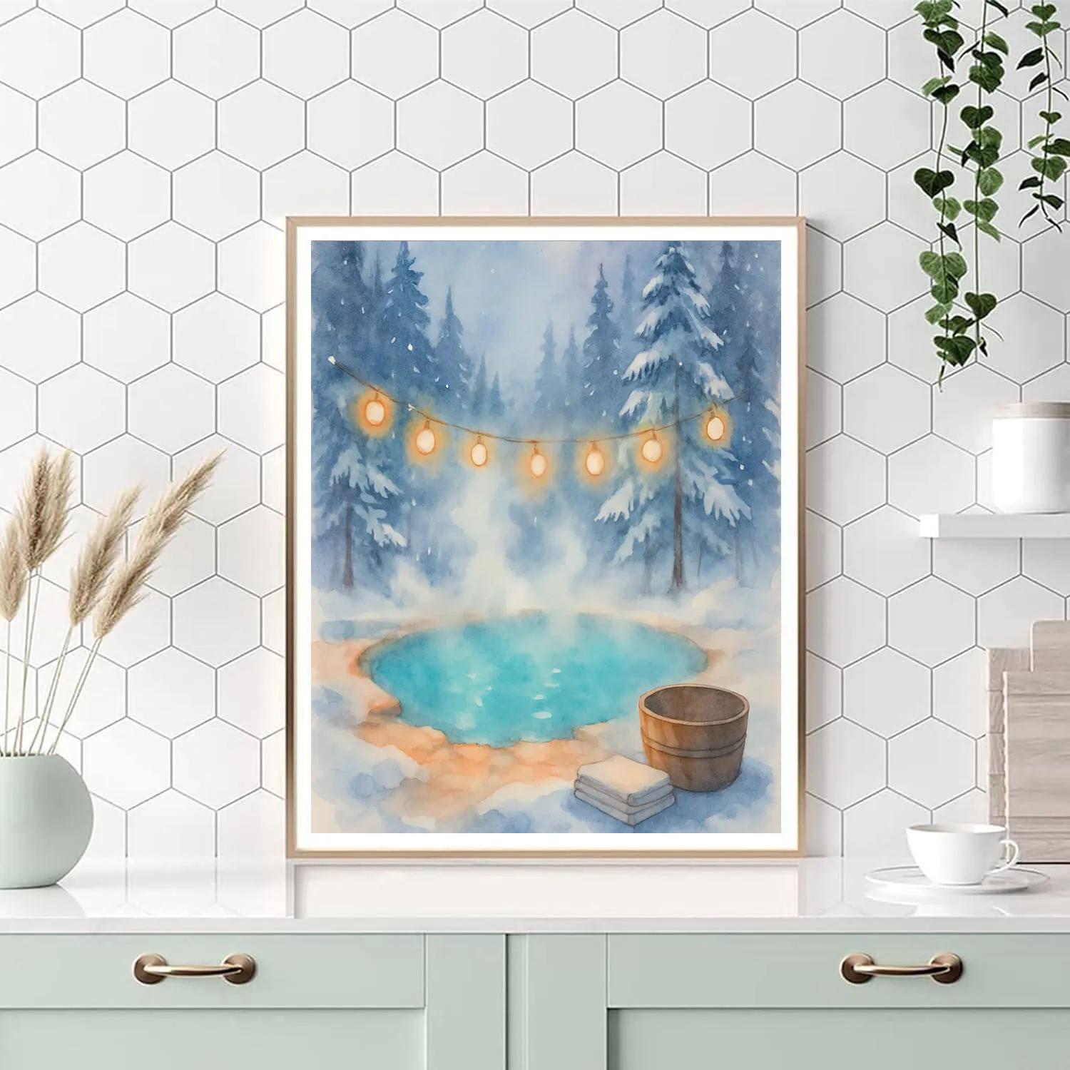Christmas Hot Spring Under Frosted Pines Painting by numbers kit
