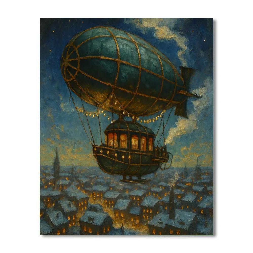 Christmas Airship Over Frozen City Paint by numbers art