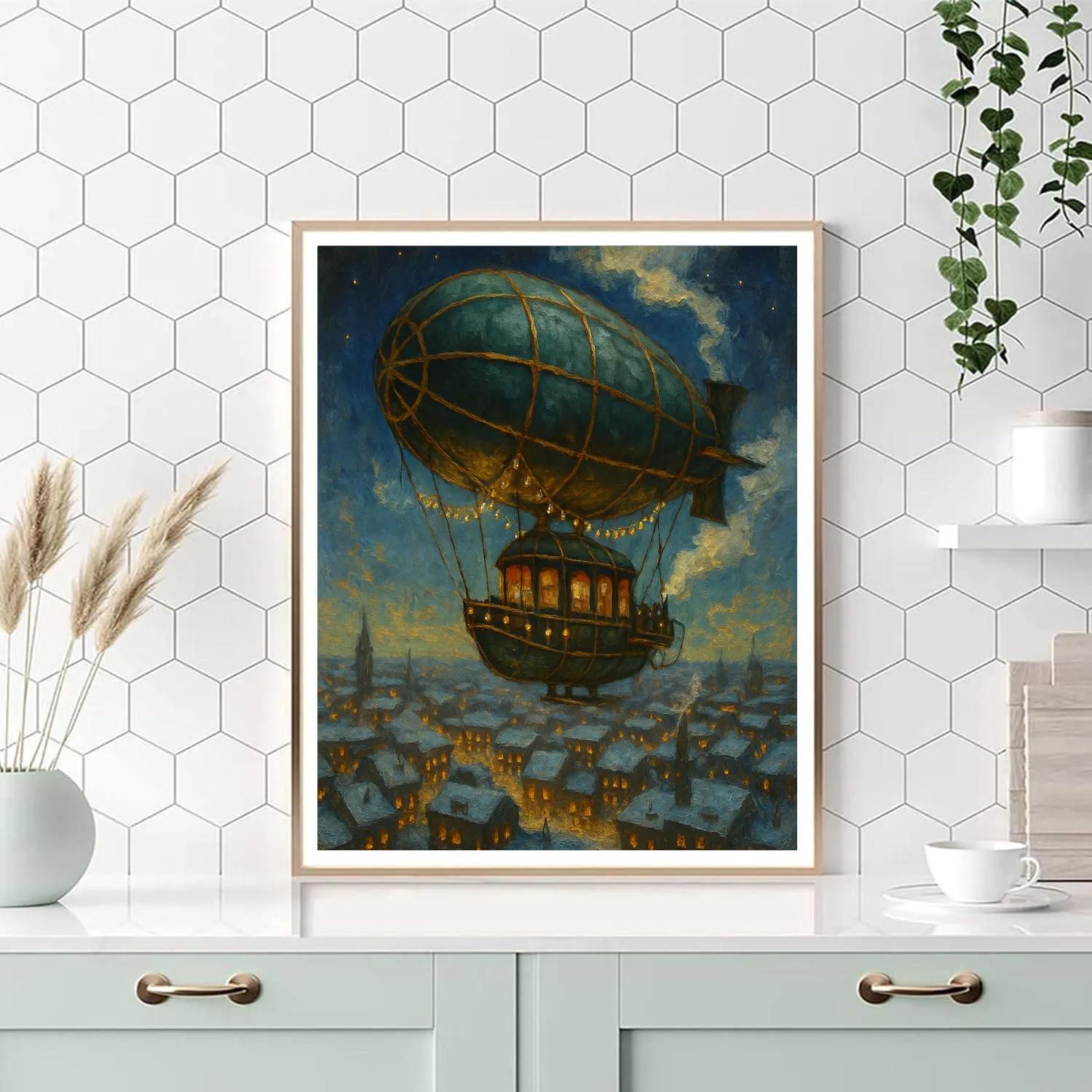 Christmas Airship Over Frozen City Paint by numbers art