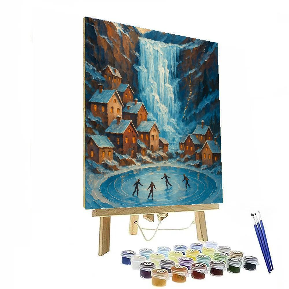 Snowy Village Around Frozen Waterfall Paint by numbers art