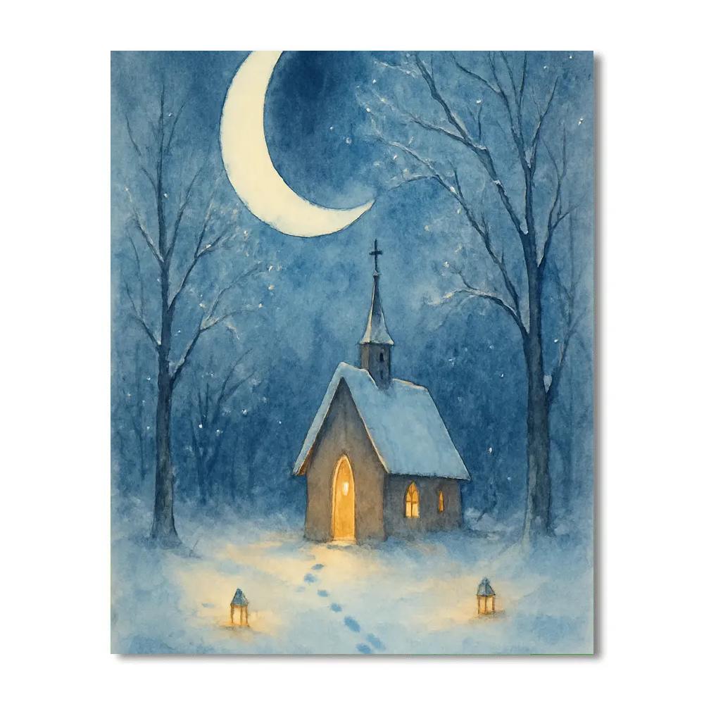 Christmas Crescent Moon Over Forest Chapel Paint by numbers art
