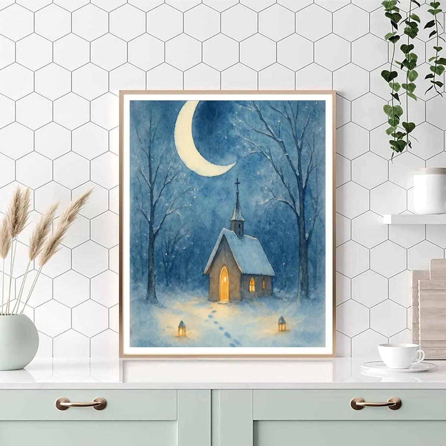 Christmas Crescent Moon Over Forest Chapel Paint by numbers art