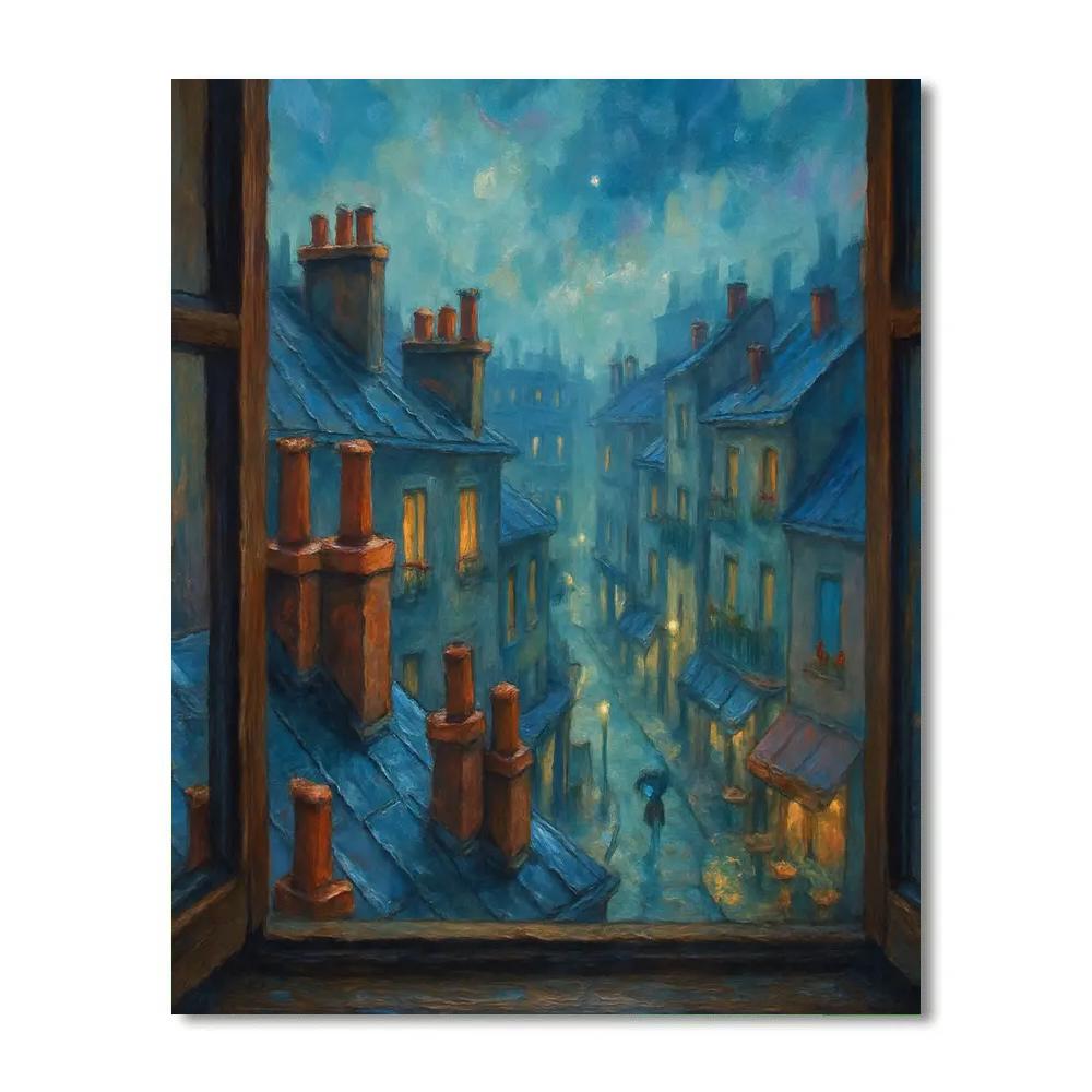 Starlit Rooftop Rain Over Old Town Number painting