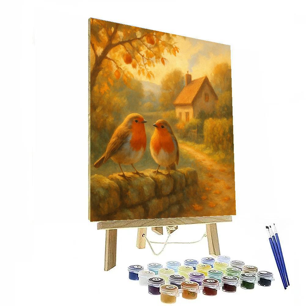 Autumn Hearth Robins By The Stone Wall Paint by numbers art