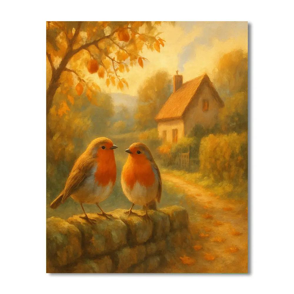 Autumn Hearth Robins By The Stone Wall Paint by numbers art