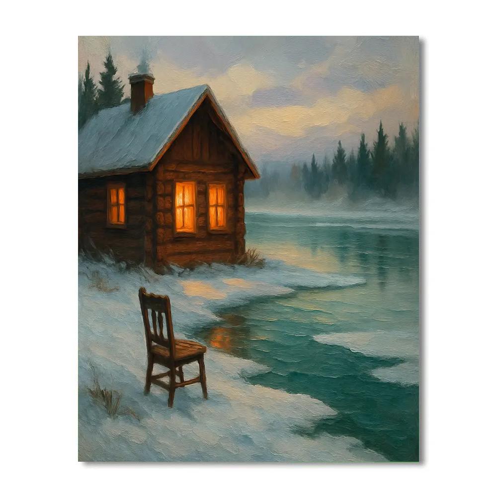Emberlight Cabin On Frosted Lake painting number kit