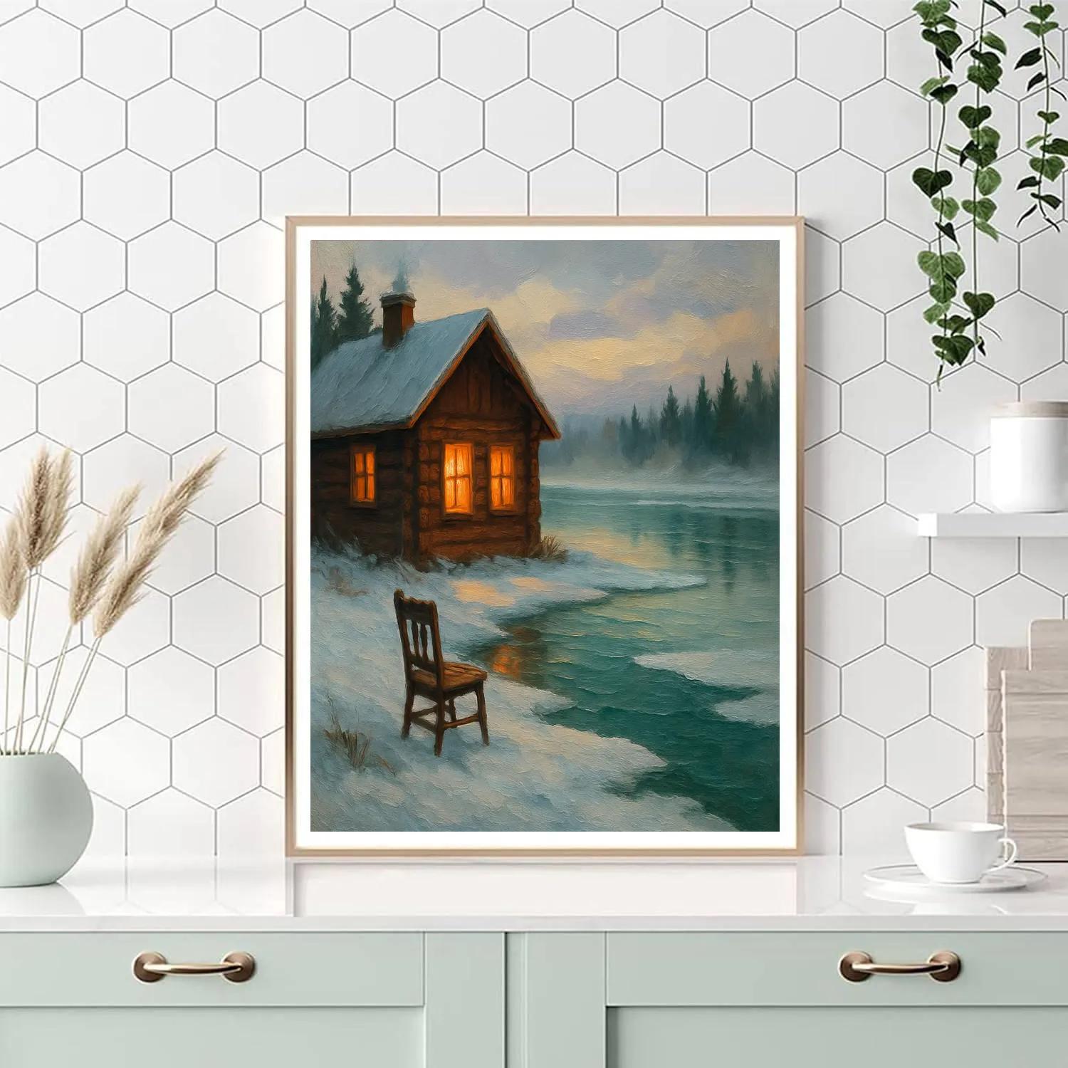 Emberlight Cabin On Frosted Lake painting number kit