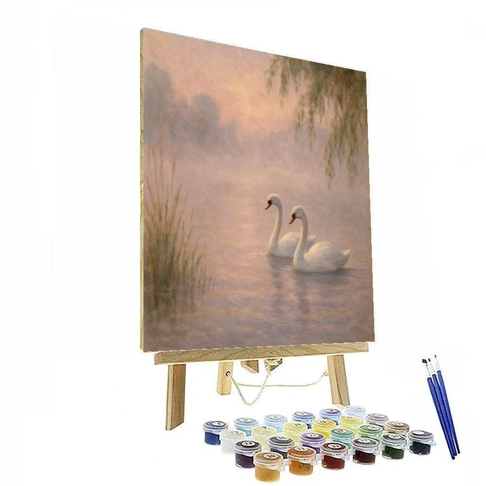Misty Lake Swans At First Light paint by color