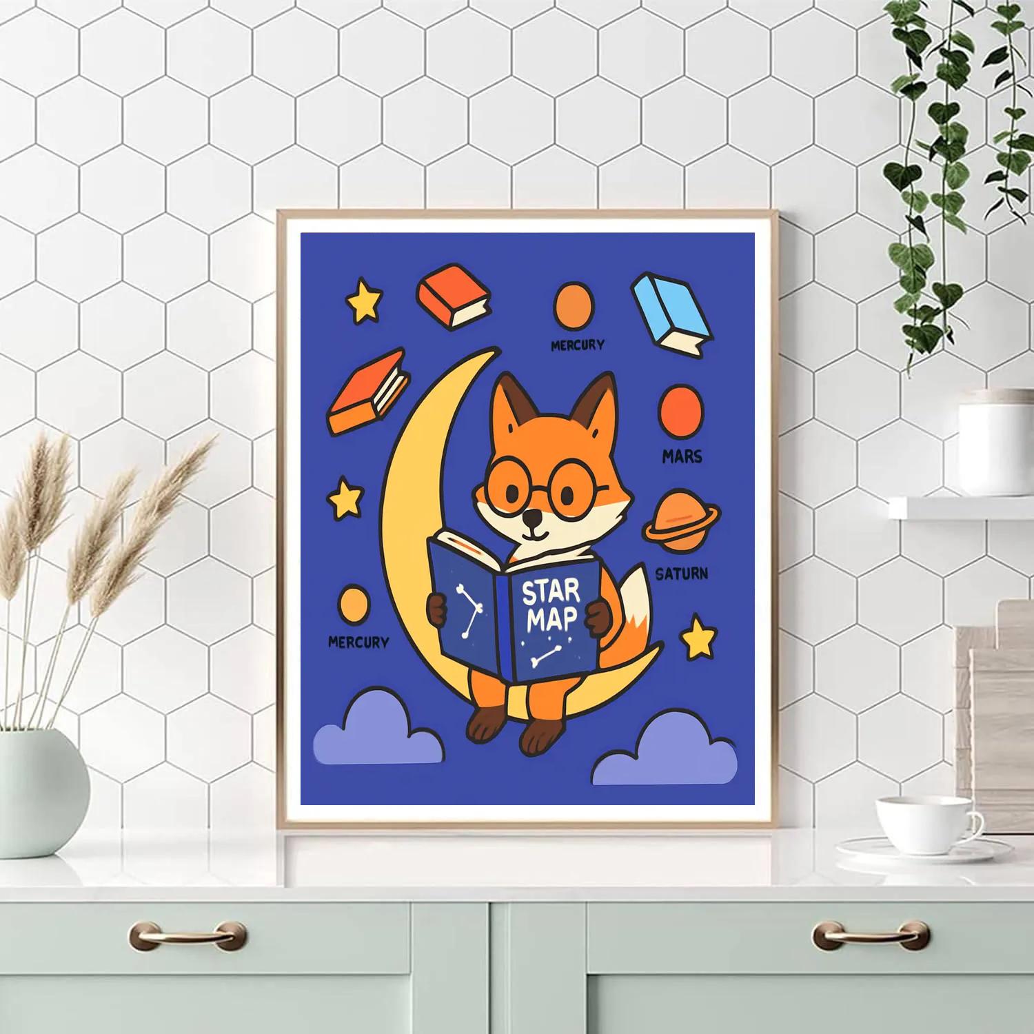 Moonlight Library Of The Fox Astronomer Numbered painting kits