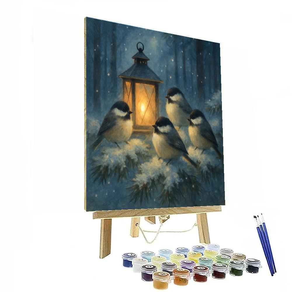 Winter Lantern Chickadees In Snowy Pines Number painting