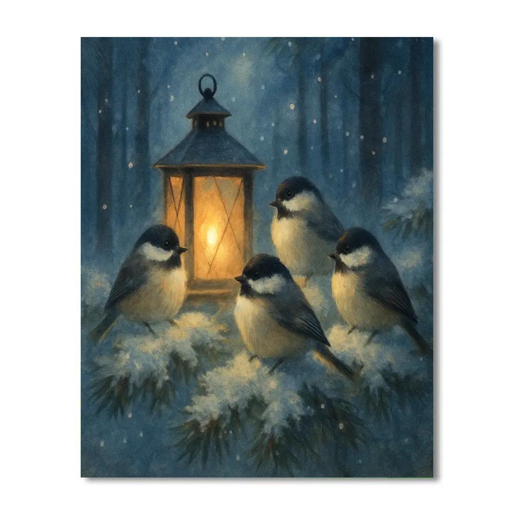 Winter Lantern Chickadees In Snowy Pines Number painting