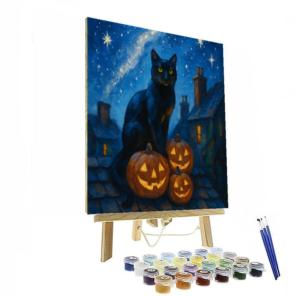 Black Cat Stargazer On The Rooftop Pumpkins paint by number
