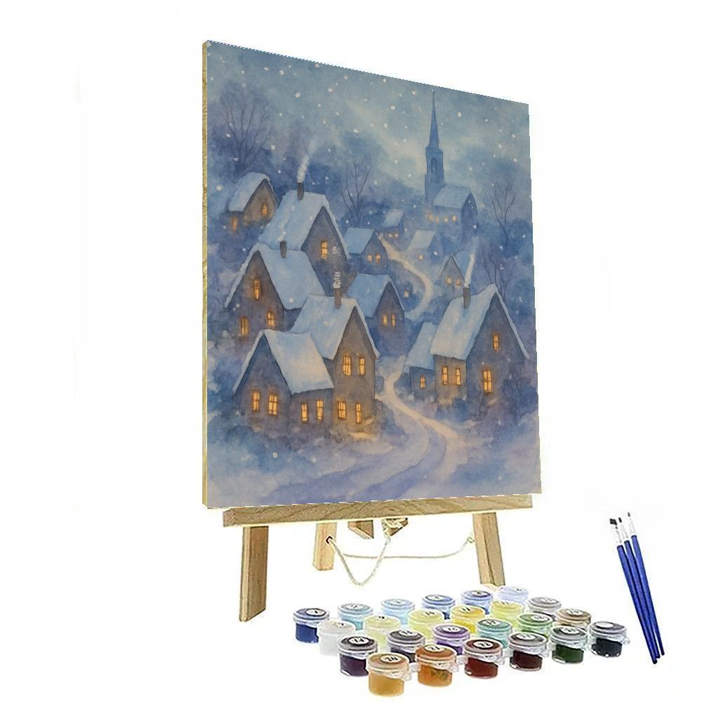Twilight Village Under Gentle Snow paint by number