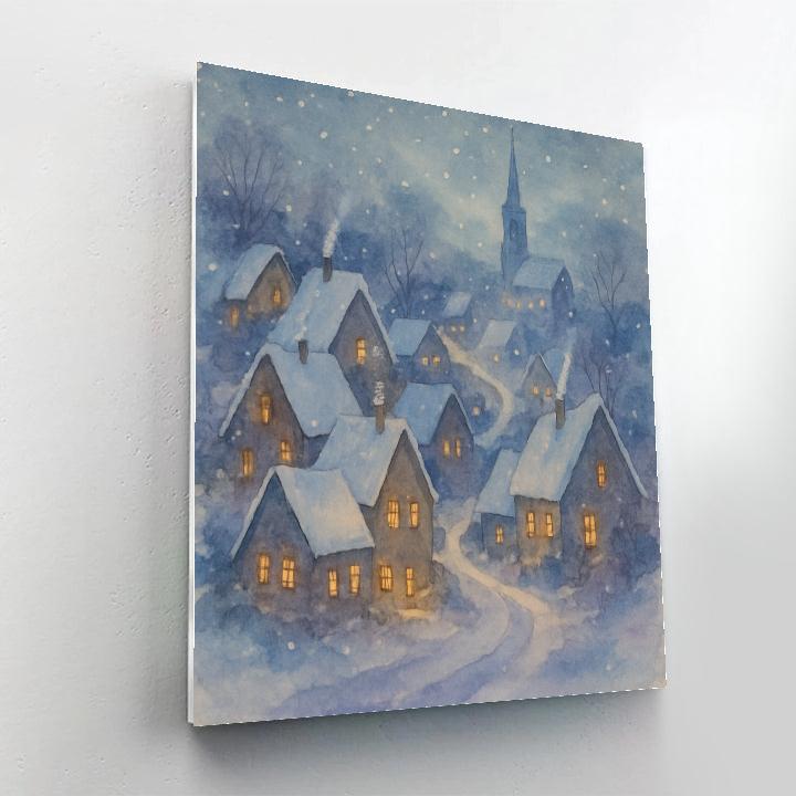 Twilight Village Under Gentle Snow paint by number