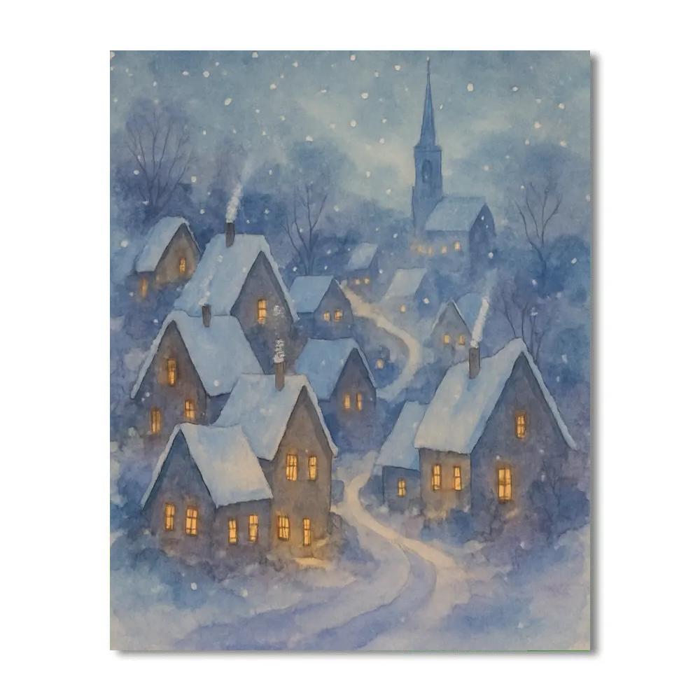 Twilight Village Under Gentle Snow paint by number