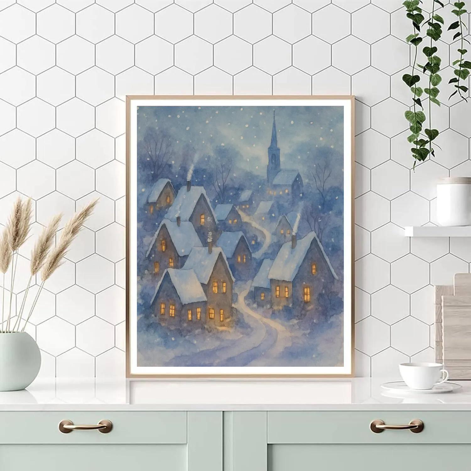 Twilight Village Under Gentle Snow paint by number