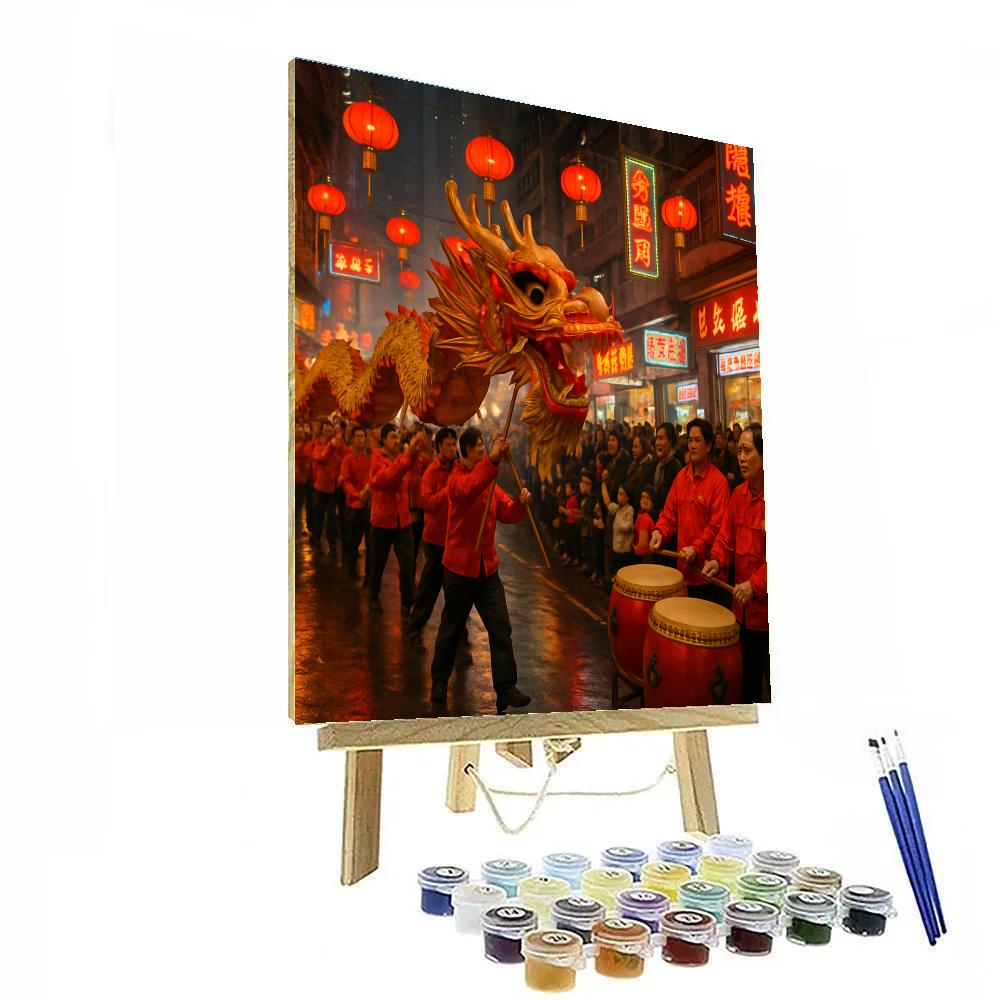 Lunar New Year Dragon Dance In Hong Kong Street paint by color